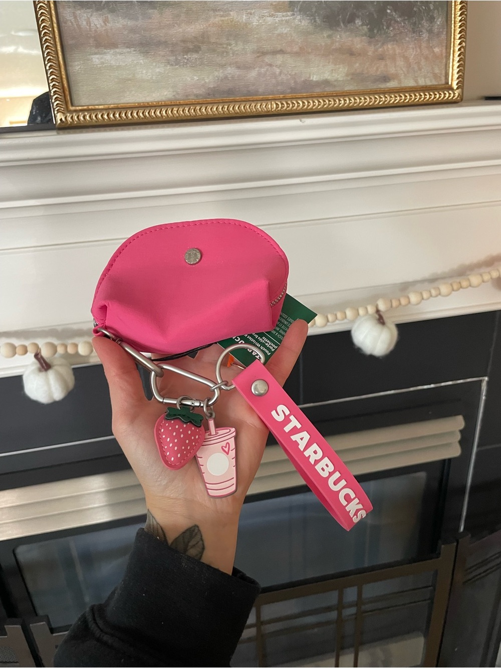 NWT Starbucks Hot Pink Key & Card Holder with Strawberry and Cup Charms